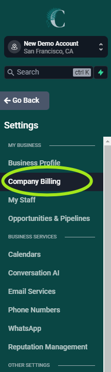 Screenshot of the left sidebar on the Settings side. There's a bright green circle around the "Company Billing" link which is the 2nd link from the top of the Settings sidebar, just below "Business Profile."
