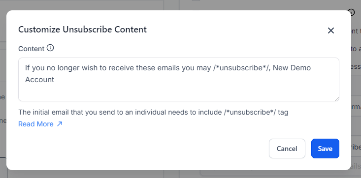 screenshot of the window that opens to customize the unsubscribe language. Under the word Content is an editable text box with the default language including the shortcode for the unsubscribe link. The shortcode is included in the details below the text box as well.