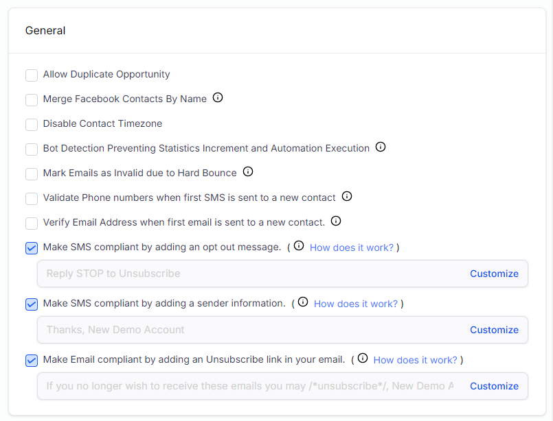 screenshot of the General section of the Business Info settings which shows the Email unsubscribe option as a checkmark option at the bottom of the list. After the checkmark is a link to customize the unsubscribe language.