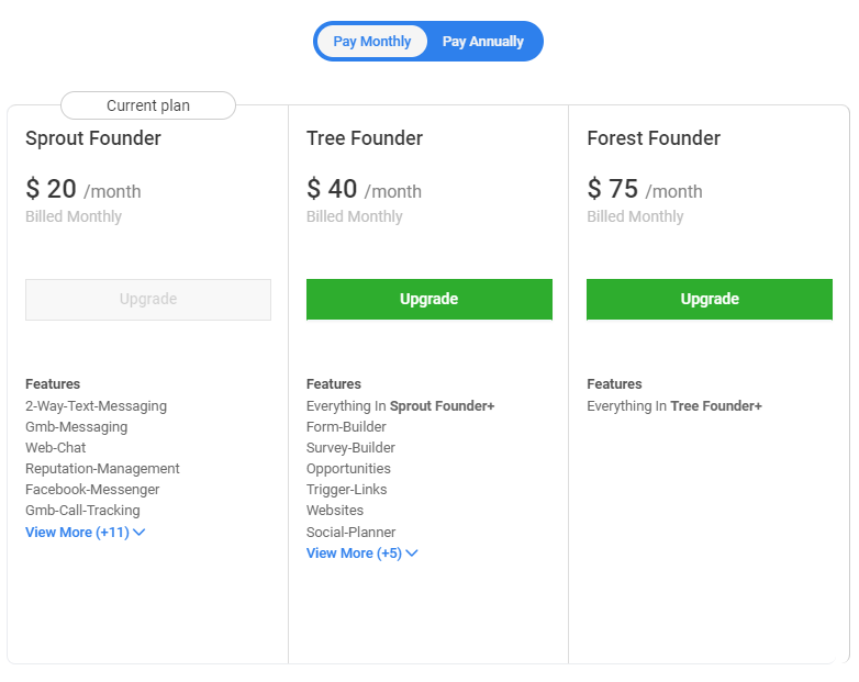 Screenshot of the subscription upgrade options that show Sprout as unavailable because that's the example account's current plan. There is a blue toggle button at the top to switch between "Pay Monthly" and "Pay Annually". The Tree and Forest plans each have a green button that says, "Upgrade".