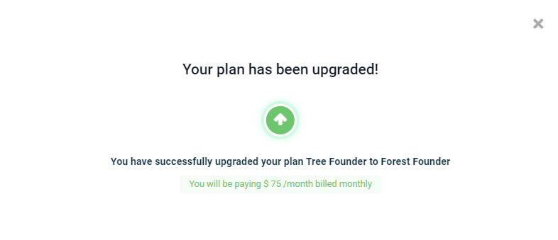 Screenshot of the crm upgrade confirmation window that says, "Your plan has been upgraded!" It repeats the plan you switched from and to. It also repeats how much you'll pay and how often.