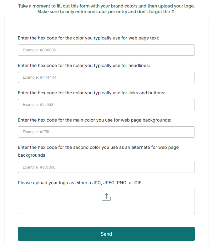 screenshot of a blank form with questions about brand colors.