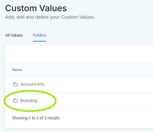 Screenshot of the Branding folder in the Folders tab of the Custom Values page