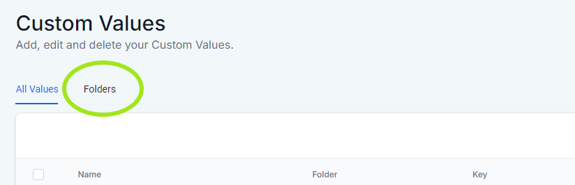 Screenshot of the Folders tab on the Custom Values page.