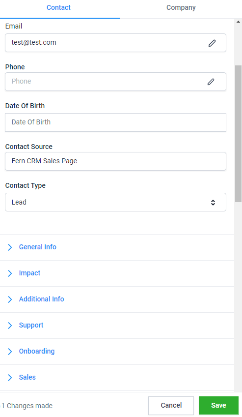 Screenshot of the left column of a contact's info page that shows the email fields, tags, automations, and the Save button at the bottom right corner of that column.