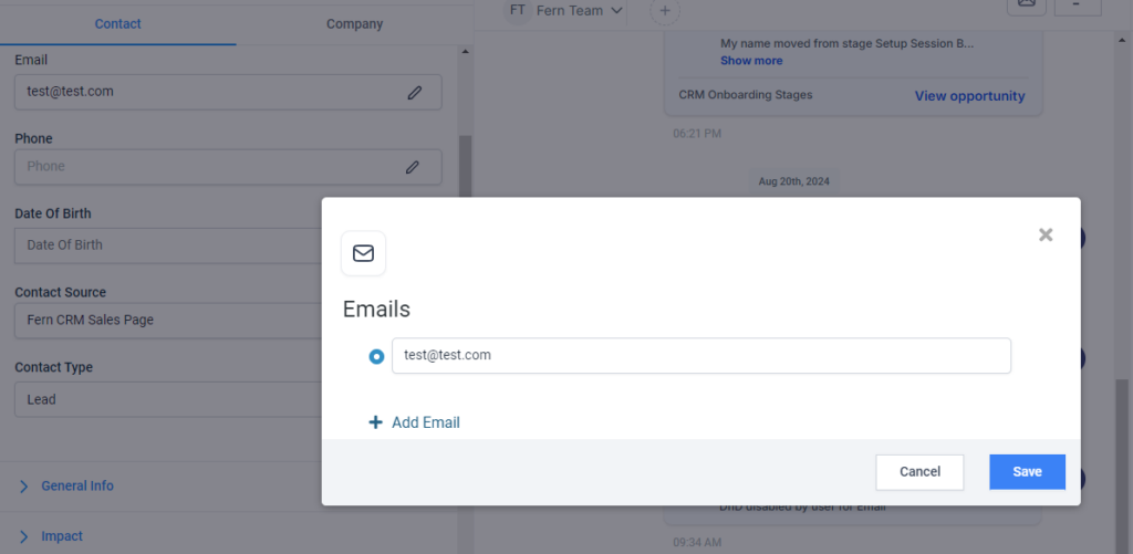 Screenshot of the smaller window that opens after clicking on the pencil icon in an editable field in the Contact Info page. The window shows the current info which is an editable box and a clickable link that says "+ Add Email". In the bottom right corner of the popup window are two buttons: Cancel on the left and Save on the right.