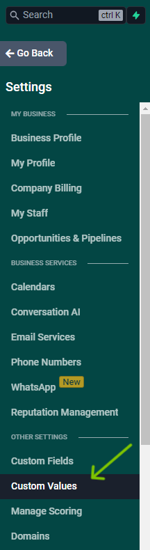 Screenshot of the Custom Values tab in the left sidebar