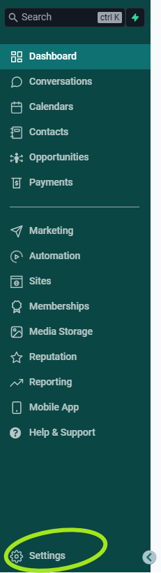 Screenshot of the left sidebar in the Main side of your CRM. There's a bright green circle around the Settings link which is the last link at the bottom of the sidebar.