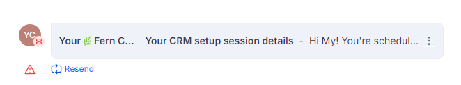 screenshot of an email in the omnichannel inbox that has a red triangle warning symbol under the bottom left corner and the word "Resend" in blue. The word Resend is a link that will attempt to send the email again.