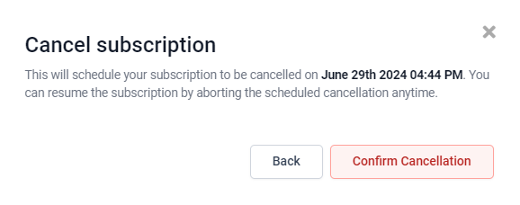 Screenshot of the Company Billing page showing the cancelation in progress Screenshot of the Company Billing page showing the cancelation in progress