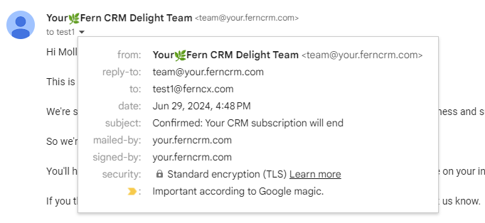 A screenshot of an email sent from Fern CRM's subdomain A screenshot of an email sent from Fern CRM's subdomain