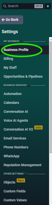 Screenshot of the left sidebar menu in the Settings side of the dashboard with "Business Profile" circled at the top of the list of menu options.