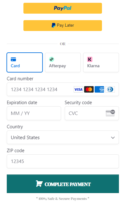 screenshot of a checkout page with alternative payment options turned on. A section with 3 columns is visible between the Paypal buttons and the Credit Card fields. The options in the 3 columns are, from left to right: Card, Afterpay, Klarna.