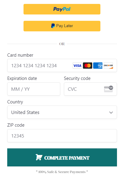 Screenshot of a checkout form with the alternative payment options turned off. The buttons for Paypal are visible above the fields for filling in credit card information.