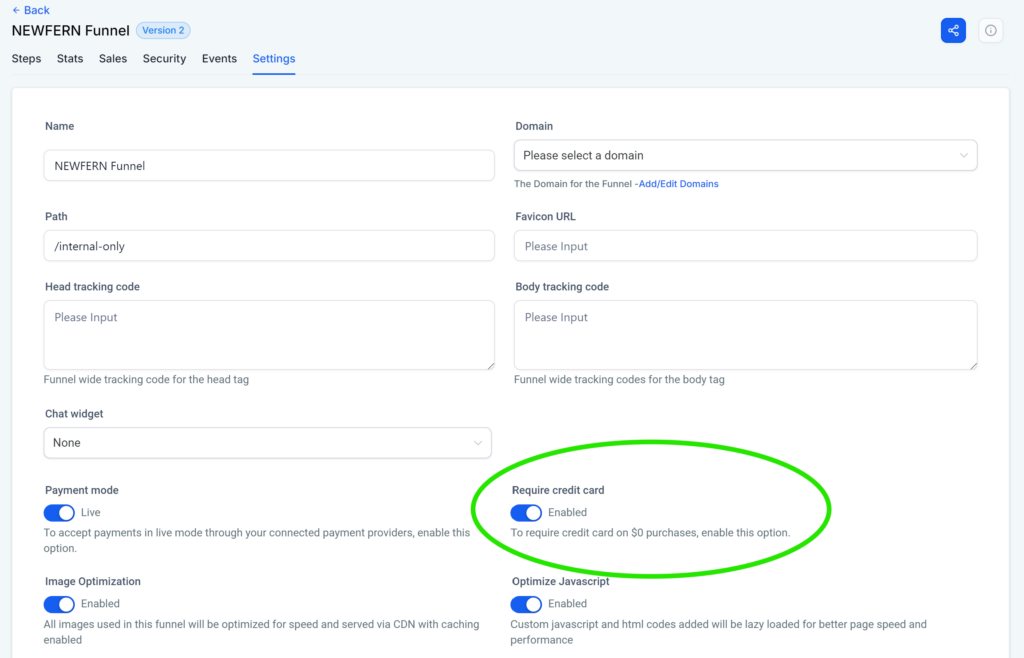 A screenshot of the Settings view in the Funnel Steps page that shows the toggle switch for "Require credit card" on the right side of the page.