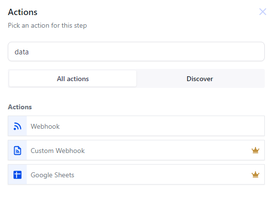 Screenshot of the list of workflow actions showing 3 options, 2 of which have a small yellow crown icon to the right of the action name, indicating that they are premium actions.