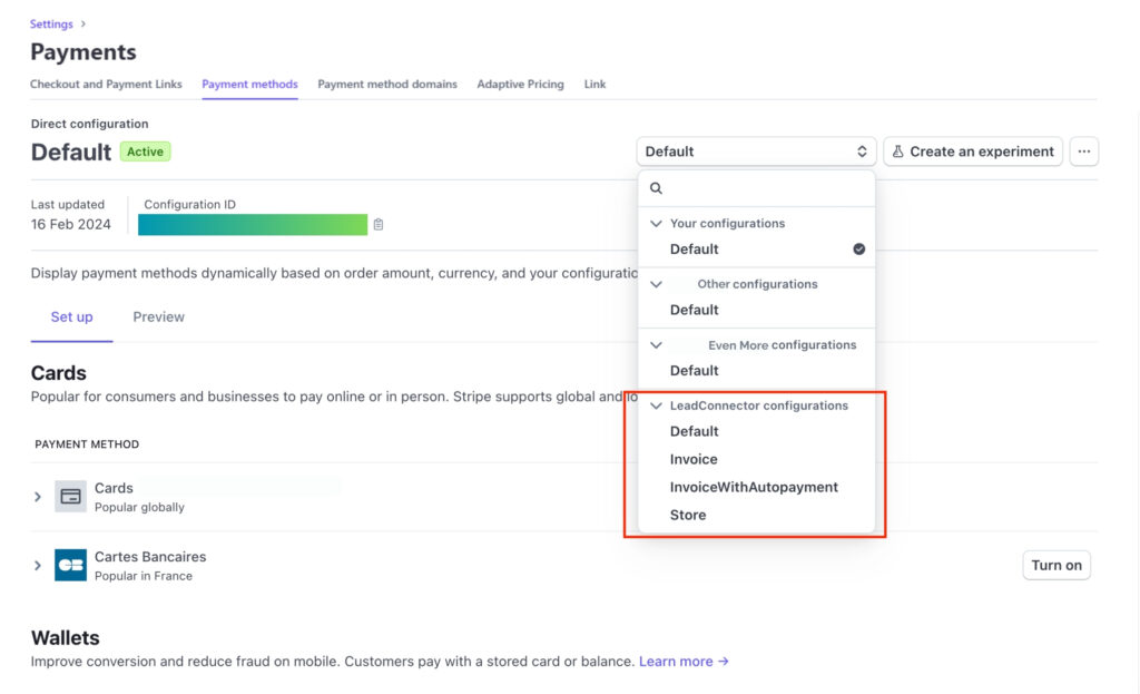screenshot of the Payment Methods Settings page inside a Stripe dashboard. There is a red square around the LeadConnector configurations in the "Default" dropdown menu.