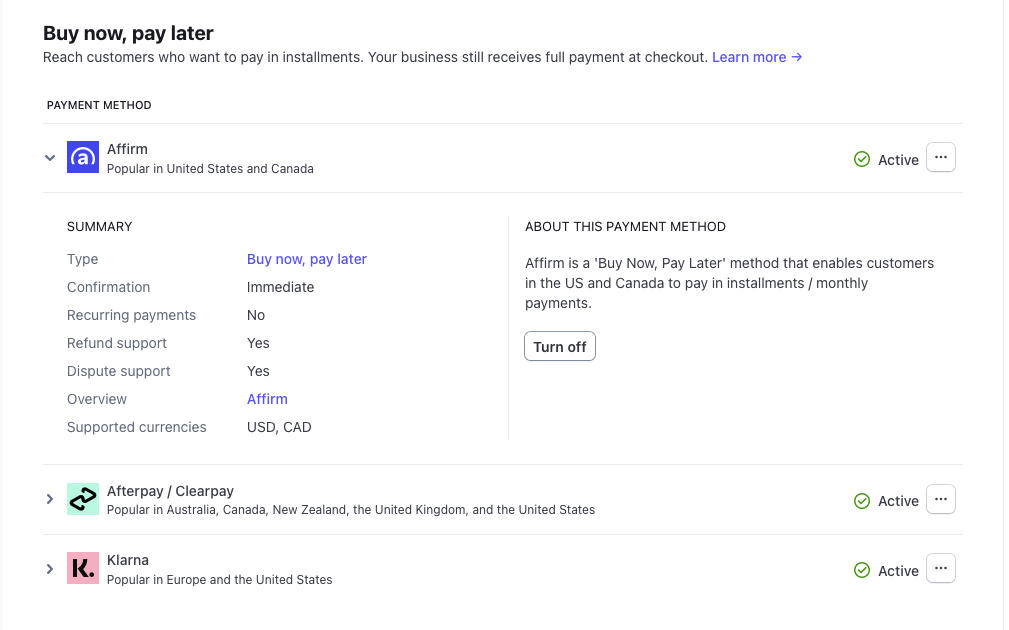 Screenshot of the "Buy now, pay later" section of the Payments Methods settings inside the Stripe dashboard.