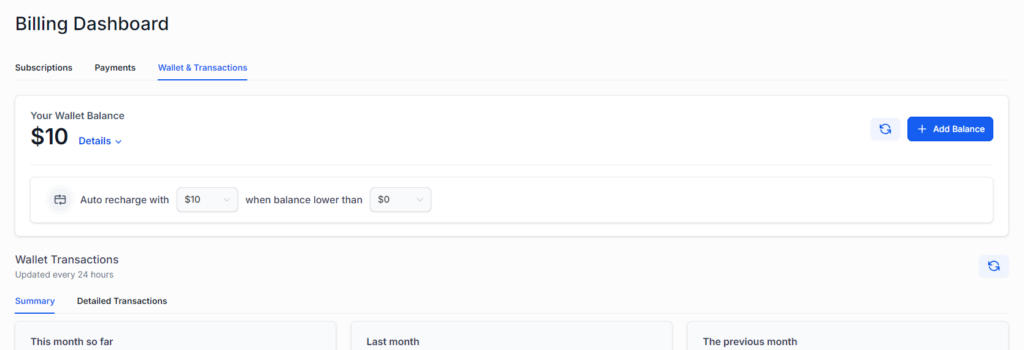 A screenshot of the Wallet dashboard inside the Billing settings that shows the current balance, recharge settings, and the top of the Wallet Transactions section.