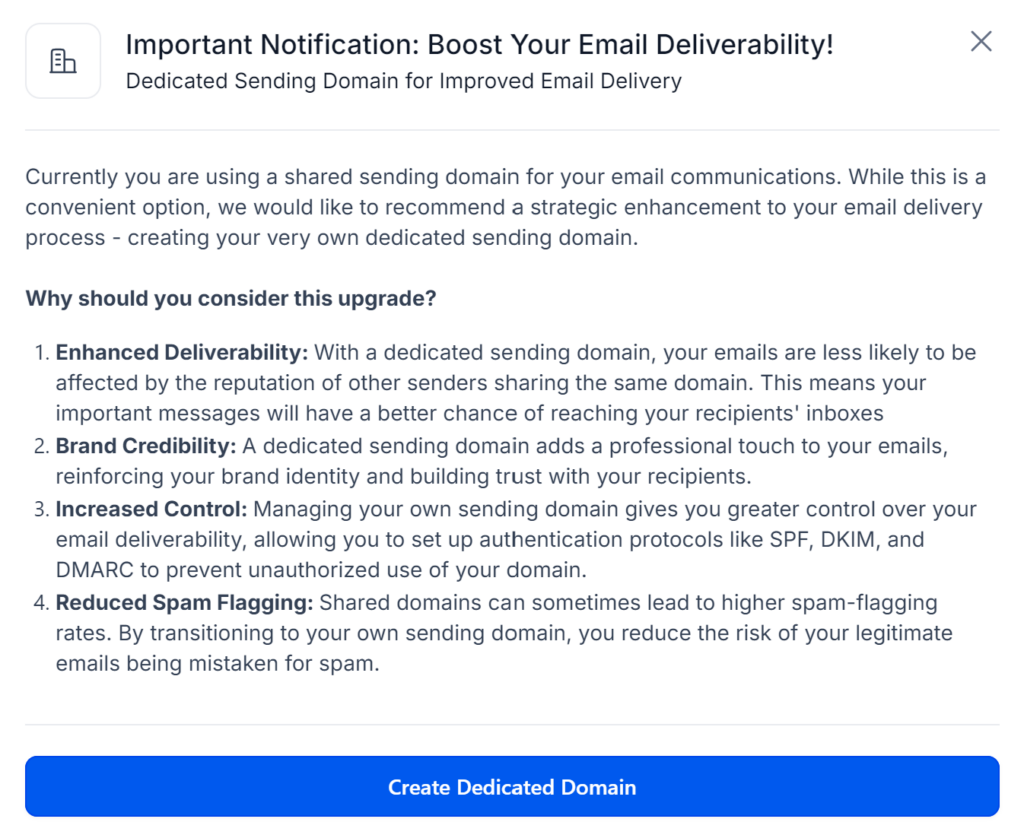 Closeup of the box that explains the benefits of setting up a dedicated email sending domain.