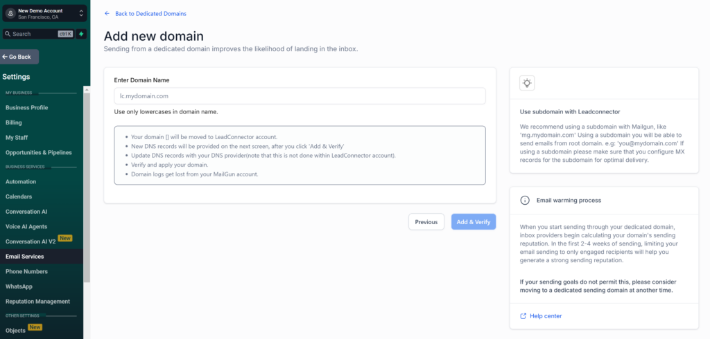Screenshot of the "Add New Domain" page in the Email Services settings. The first entry box is editable and that's where you want to add the subdomain you chose without the https or http prefix. Just enter the word you want to use for your subdomain, a period, and your root domain.