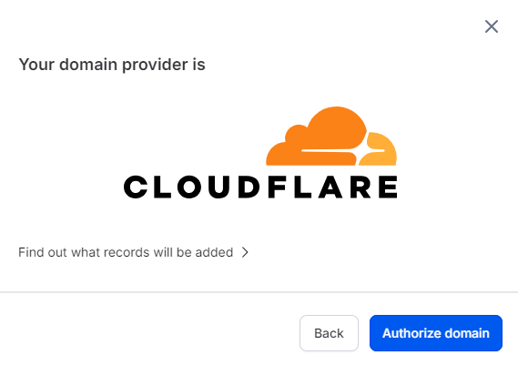 Screenshot of the last stage of the DNS records wizard that shows where it thinks your records are hosted. Clicking the blue button on the bottom right will authorize the wizard to connect to your account on your behalf.