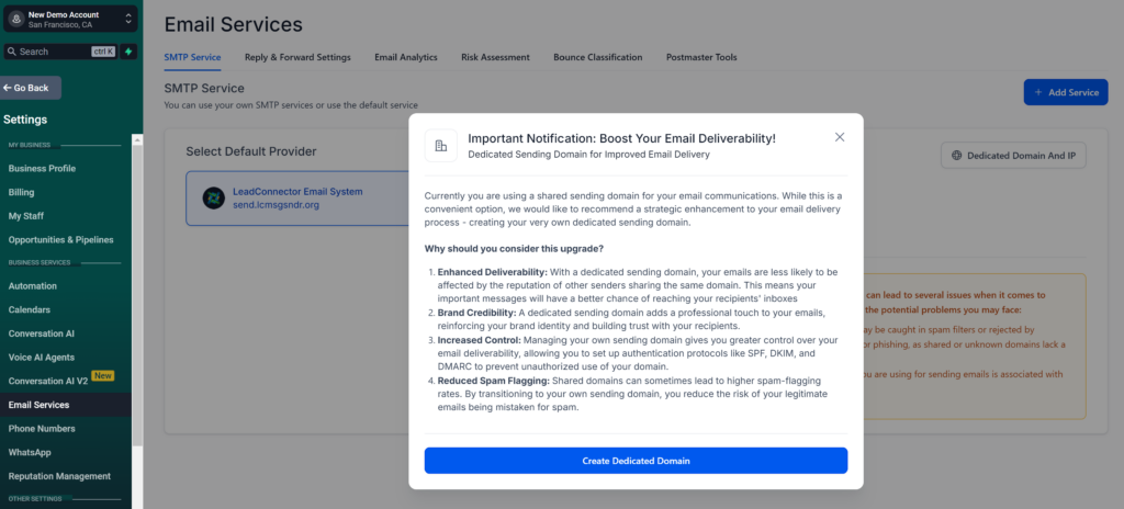 Screenshot of the Email Services page as seen before the user has set up a dedicated email sending domain. There is an overlay box that explains the benefits of using a dedicated domain for sending emails.