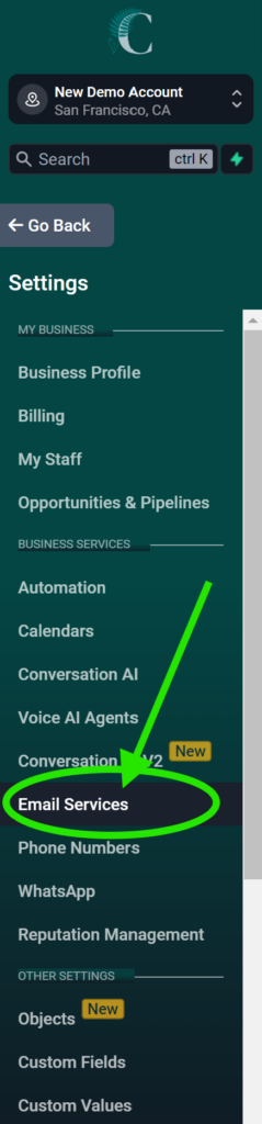 Screenshot of the left sidebar on the Settings side. There's a bright green circle around and arrow pointing to the "Email Services" link which is under the section labeled Business Services and right above the link called "Phone Numbers".