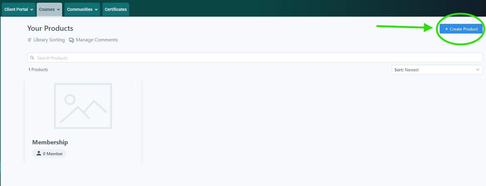 Screenshot of the Products page inside the Courses tab of the Memberships section. The "Create Product" button is visible on the top right of the page.