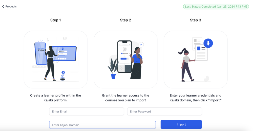 Screenshot of the Kajabi import page that shows a success message written in green text in the top right corner of the page.