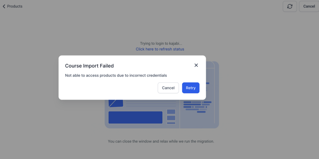 Screenshot of the Course Import Failed window that pops up over the import screen if the import fails.