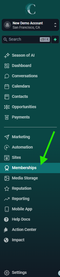 Screenshot of the left sidebar menu with an arrow pointing at the "Memberships" link in the bottom half of the menu.