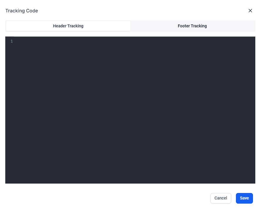 Screenshot of the Tracking Code editor window that shows Header Tracking code as the open tab on the left and another tab to the right that says Footer Tracking.