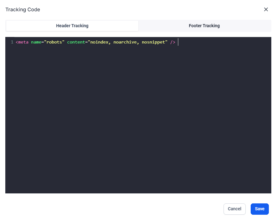 Screenshot of the Tracking Code editor window that shows Header Tracking code as the open tab on the left and another tab to the right that says Footer Tracking. The screenshot also shows a snippet of code in the Header Tracking code that hides every page using this header from search engines.
