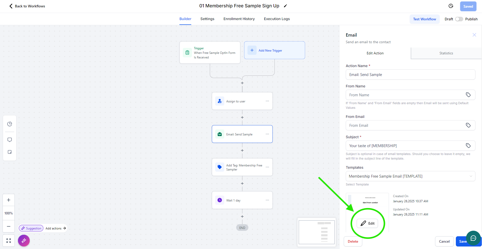 Screenshot of a "Send Email" action step in an automation workflow. There is a green circle around the "Edit" button that appears when hovering over the email template inside the Send Email action step.