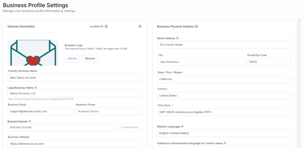 Screenshot of the top of the Business Profile Settings page where the boxes are filled out with demo example info.