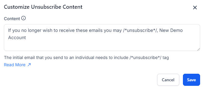 Screenshot of the edit window that opens when you click to Customize the default Unsubscribe language.