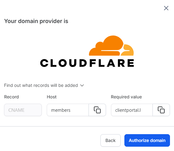 Screenshot of the "easy mode" window that appears with the name of the tool that manages your DNS records and the "Find out what records will be added" link has been clicked to reveal the CNAME record to add.
