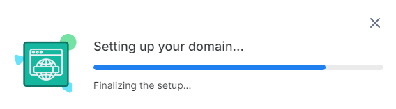 Screenshot of the progress window that appears when connecting a new domain or subdomain to Fern CRM. This is near the end of the process where it says, "Setting up your domain... Finalizing the setup..."