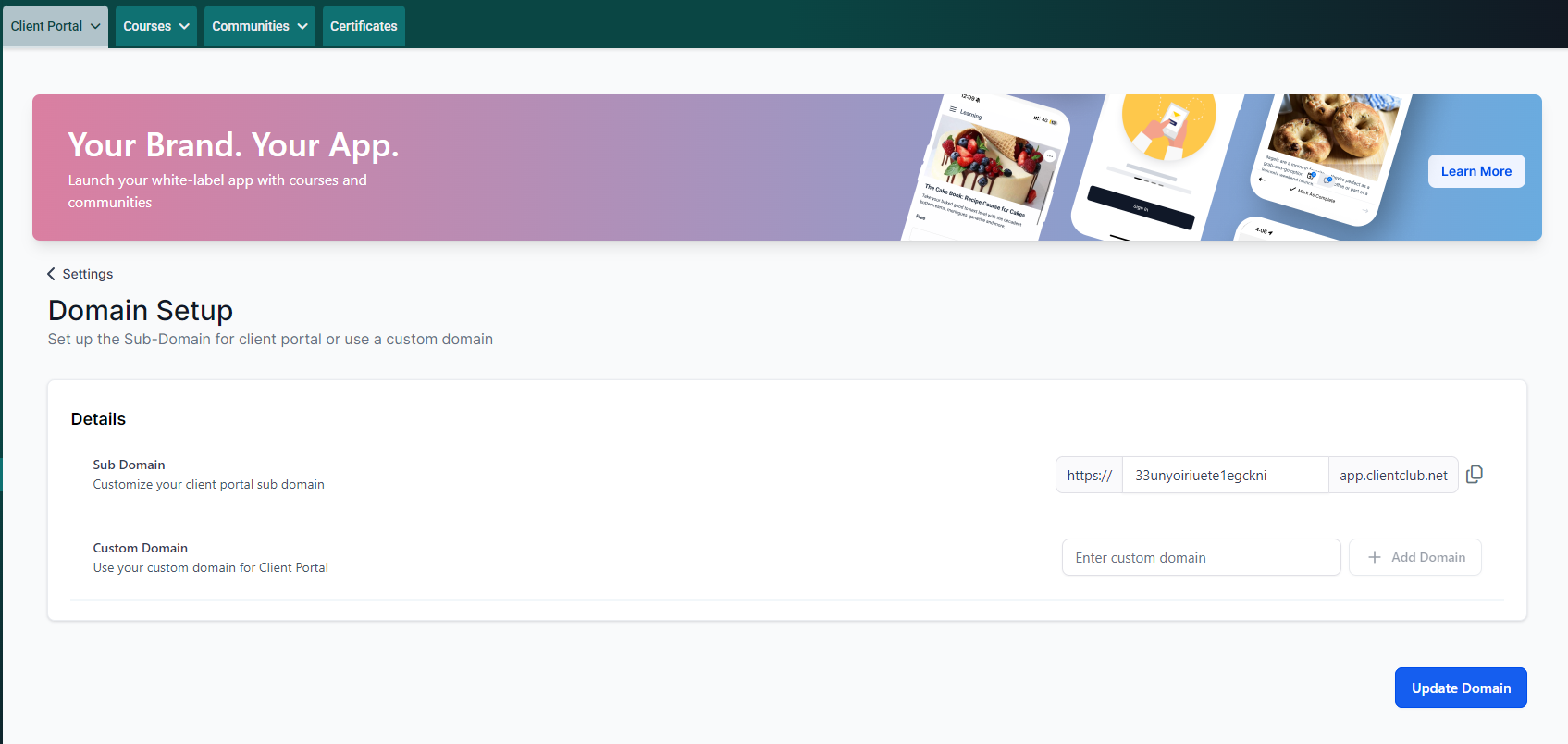 Screenshot of the Client Settings page for Domain Setup. Under the title, "Details" it says, "Subdomain" and shows an existing default domain where you can edit the subdomain. Below that it says, "Custom Domain" and has an empty field where you can add the domain of your choice. Next to the empty field is a button that says, "+ Add Domain" which will open a popup window with next steps.