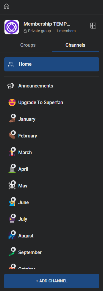 Closeup screenshot of the list of channels in the default Community Membership template that appears in the left column of the Community. There is a "Home" button at the top, the list of 14 channels in the middle, and then a "+Add Channel" button at the bottom. The screenshot shows the Community in dark mode but light mode is also available.