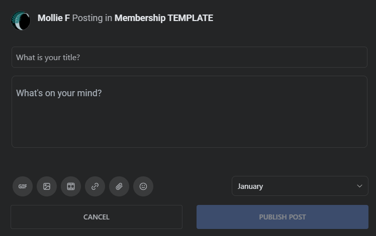 Screenshot of the post creation window in a demo Community that shows the different types of uploads allowed and the dropdown box to choose which channel to publish this post into.
The screenshot shows the Community in dark mode but light mode is also available.