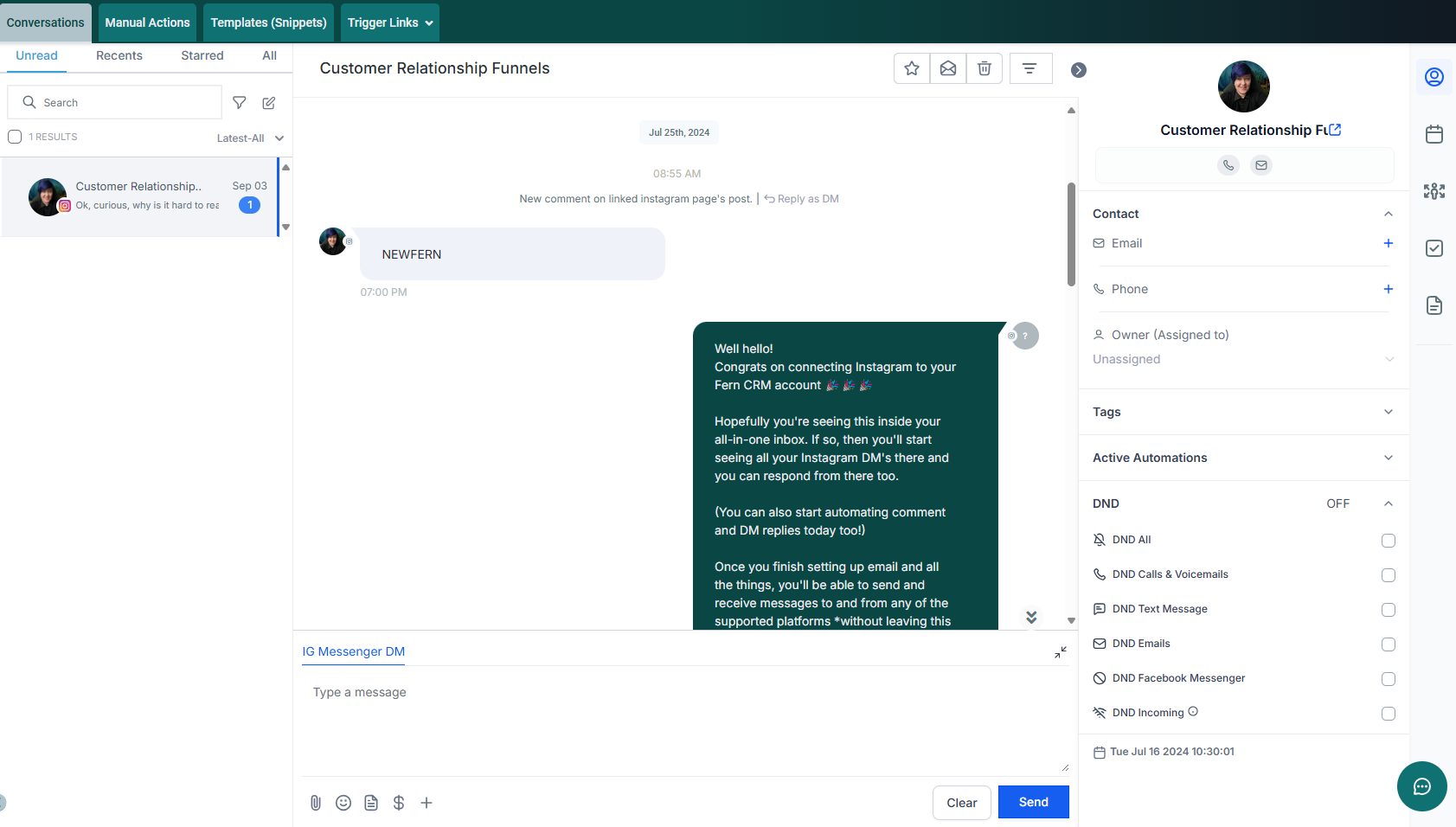 Screenshot of an Instagram DM appearing in the all-in-one inbox in the Conversations tab. The left third of the page shows who is messaging the business, the middle third of the page shows the actual message, and the right third of the page shows a brief overview of message-related information about this contact.