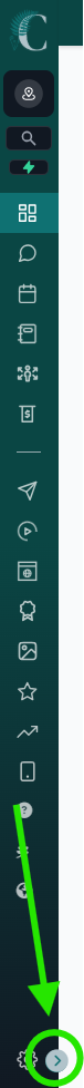 Screenshot of the expand and collapse button that opens and closes the left sidebar menu. It looks like a green caret arrow inside a silver sphere in the bottom left corner of the page.