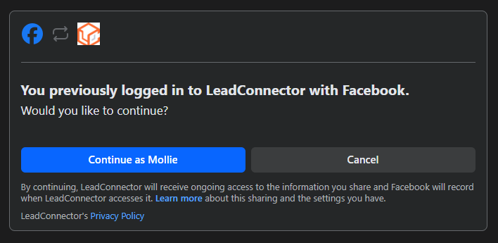 Screenshot of the consent window that opens when connecting your Facebook account. The blue "Continue" button is on the left. The button to "Cancel" is on the right.