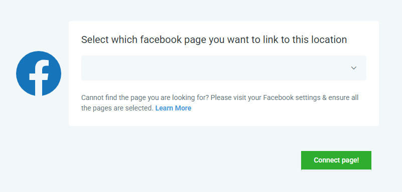 Screenshot of the integrations window that asks you to select the Facebook pages you want to connect to your Fern CRM account. Click on the dropdown menu to see a list of the pages associated with your account.