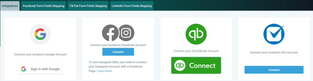 Screenshot of the top of the Integrations page that shows the first 4 tools that can be easily integrated with Fern CRM. In the screenshot, the Facebook and Instagram option is the second from the left, between Google My Business and Quickbooks.