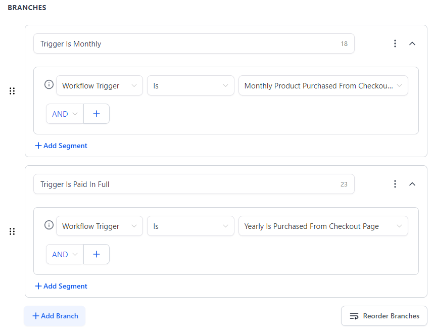 Screenshot of the step settings for an If/Else branch that shows "Trigger Is Monthly" as the first branch with "Workflow Trigger", "is", "Monthly Product Purchased From Checkout". The second branch is titled, "Trigger Is Paid In Full" with the settings set to, "Workflow Trigger", "is", "Yearly Is Purchased From Checkout Page".