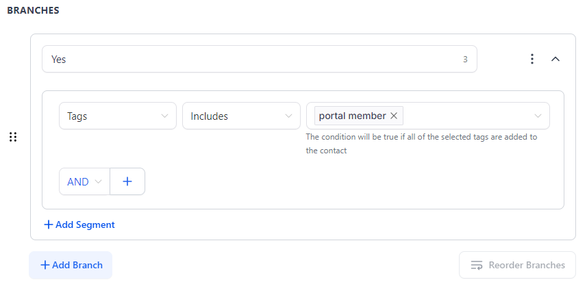 Screenshot of an automation branch that's based on whether a contact has a specific tag or not.