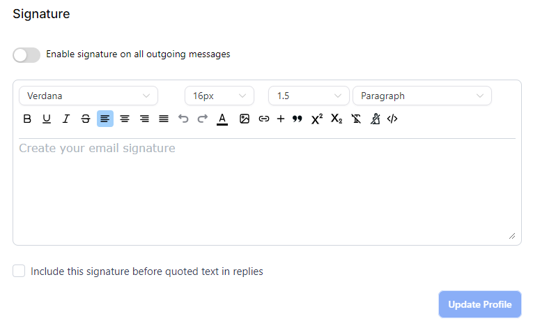 Screenshot of the email signature editor inside the "My Profile" settings. The screenshot also shows the "Update Profile" button that saves the changes made.